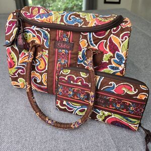 Longaberger‎ Sisters Satchel & Wallet Set Brown Paisley Floral Quilted Purse Bag